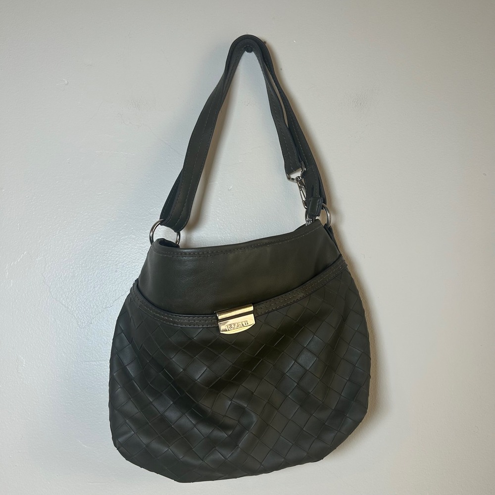 Rosetti Hobo Shoulder Bag Womens Large Olive Green Woven Faux Leather Triple Zip